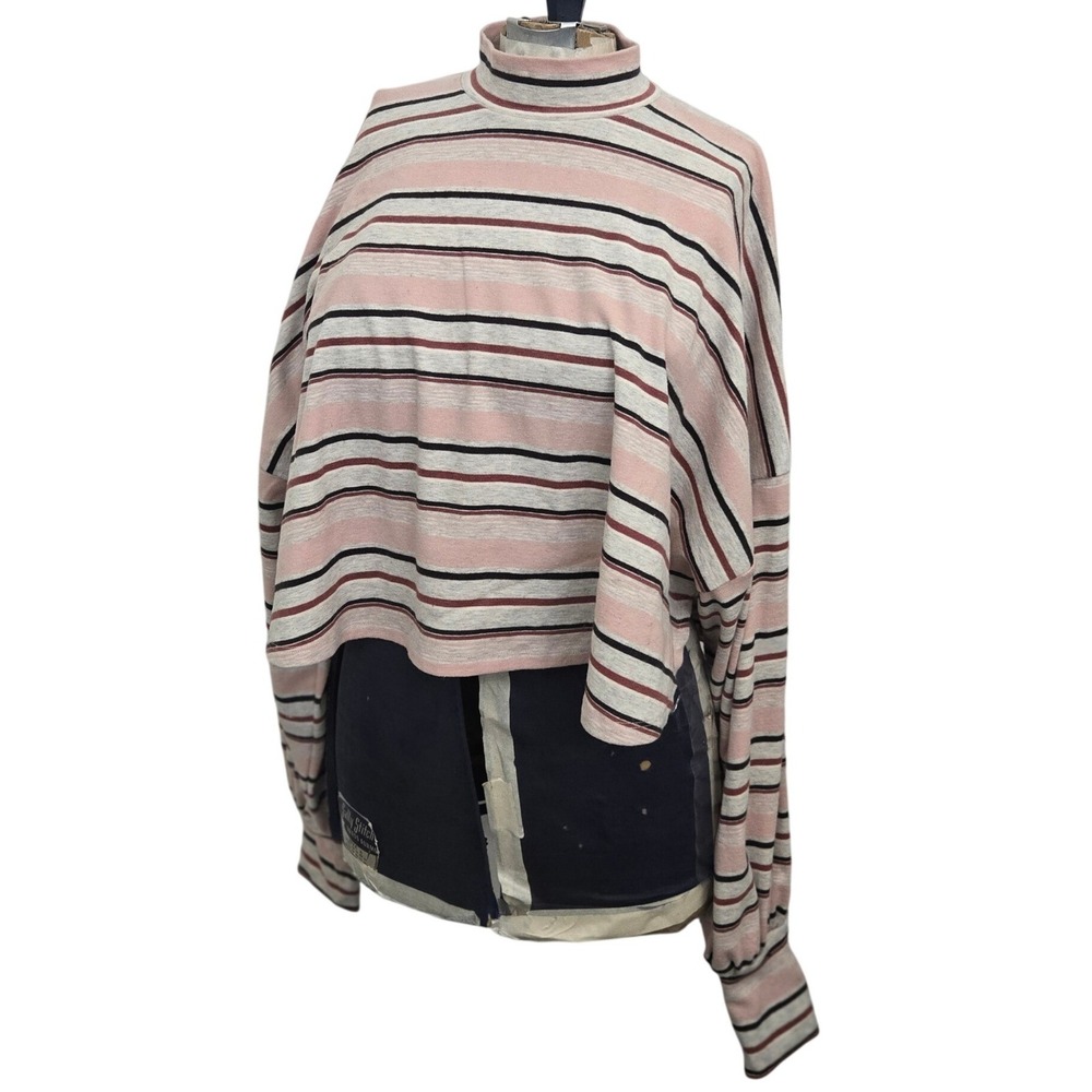 Free People Steph Striped Mock Neck Top Women's XS Pink Grey Balloon Sleeve Crop